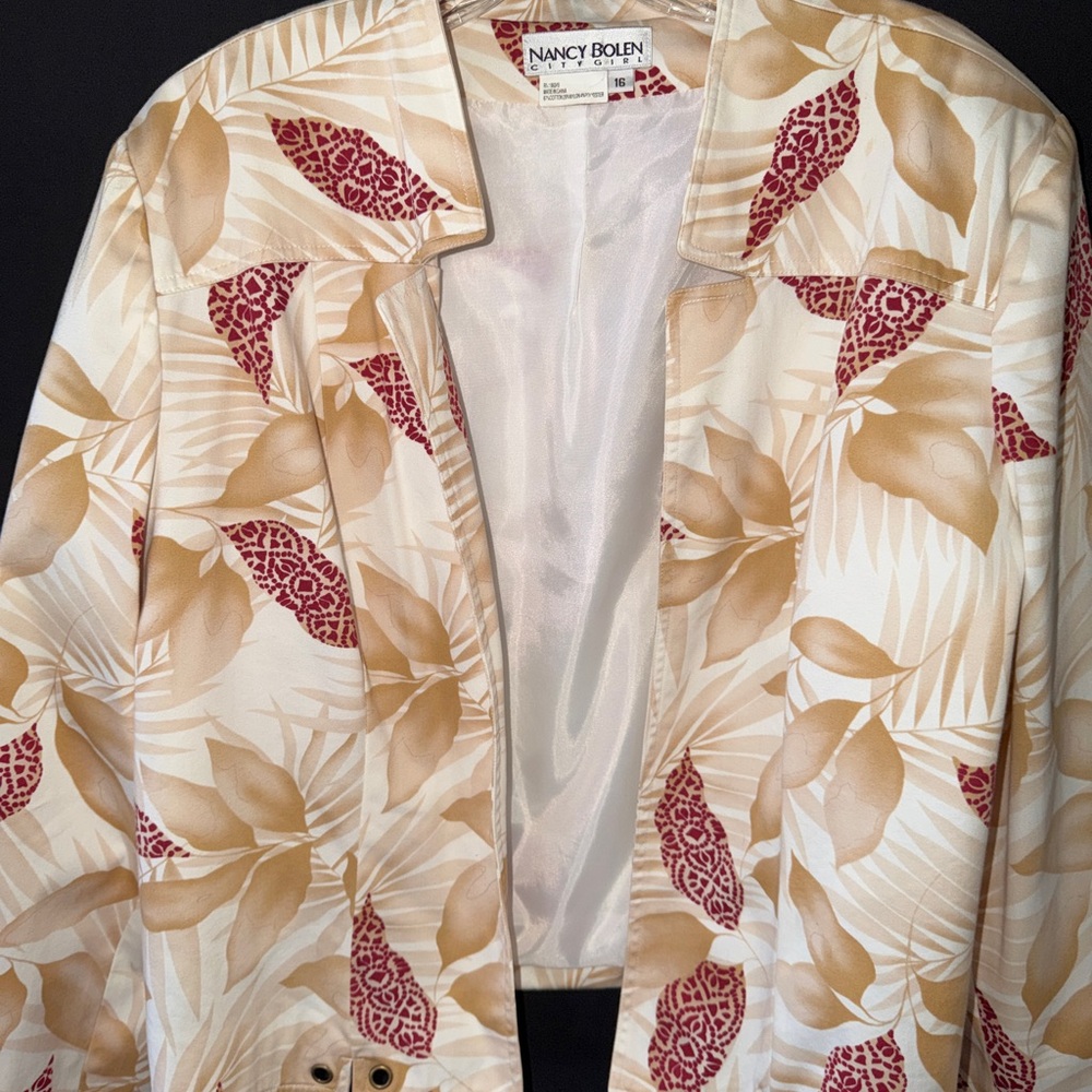 Vintage Nancy Bolen City Girl Floral Jacket Size 16 Tan Red Leaf Print Blazer
